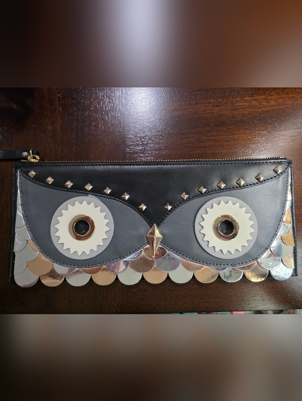 Kate Spade Black and Silver Owl Appliqué Clutch